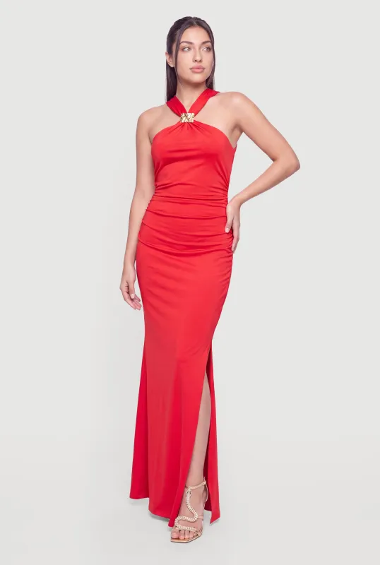 Metallic Pendant Halter Neck Side Ruched Mermaid Dress made by Haute Monde