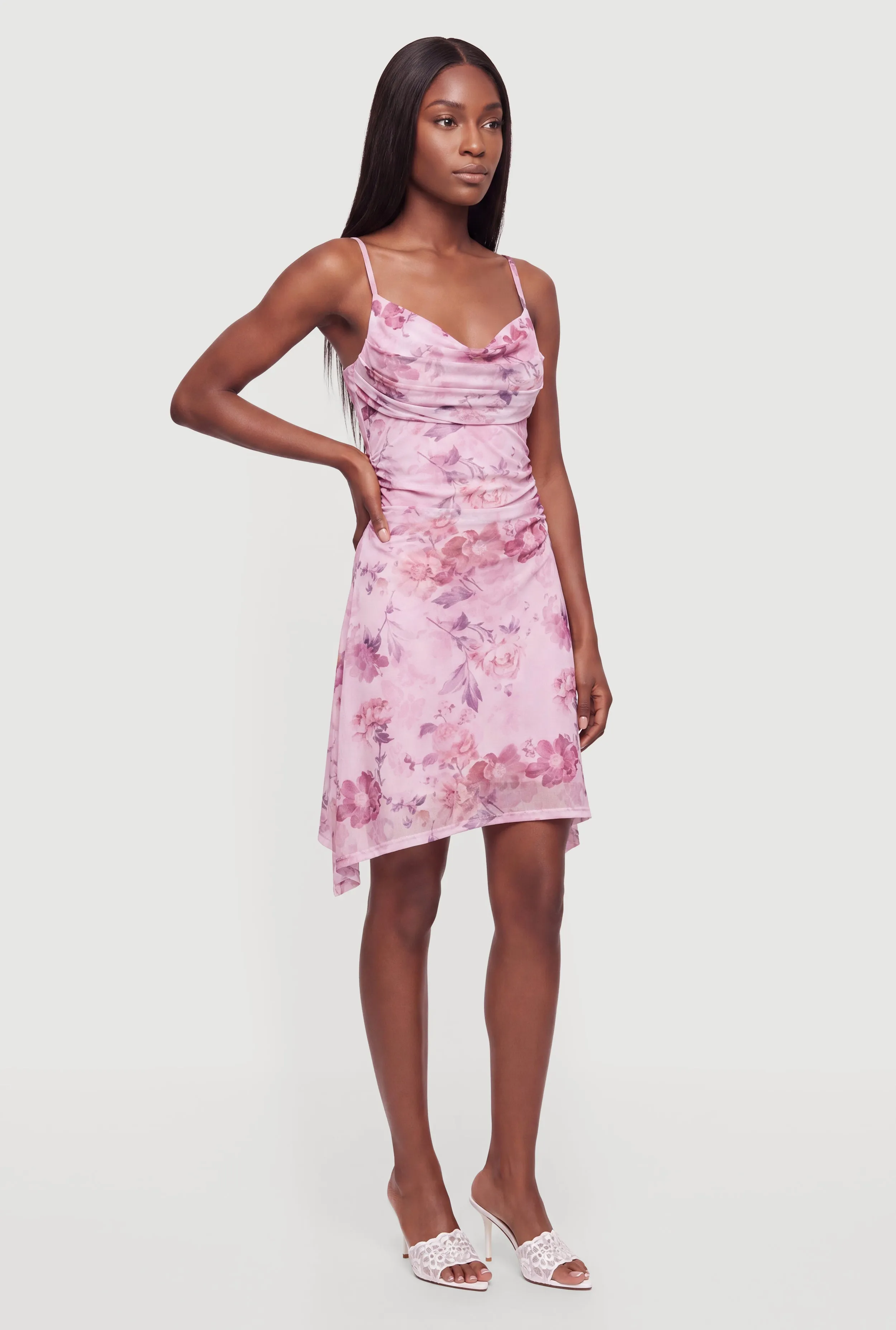 Floral Mesh Side Ruched Cowl Neck Dress sold by Rainbow