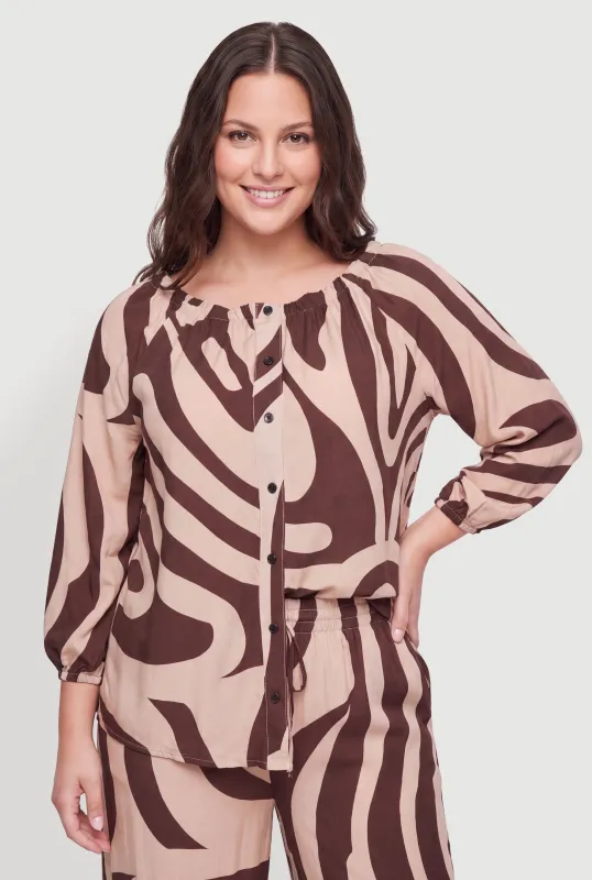Plus Size Patterned Faux Button Front Off The Shoulder Blouse made by Rainbow