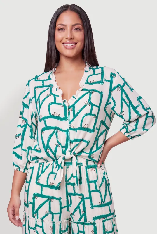 Plus Size Abstract Geometric Print Tie Front Top made by Rainbow