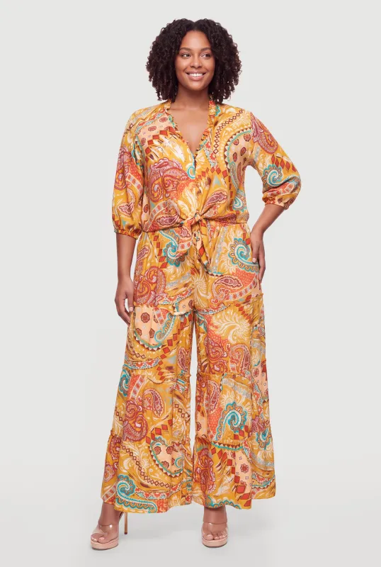 Plus Size Smocked High Waisted Paisley Palazzo Pants made by Rainbow