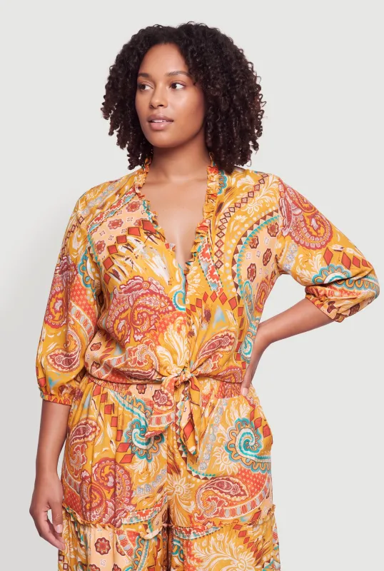 Plus Size Paisley Print Quarter Sleeve Tie Front Top made by Rainbow
