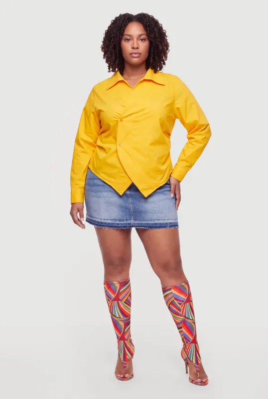 Plus Size Asymmetric Wrap Button Front Collared Blouse made by Rainbow