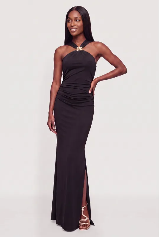 Metallic Pendant Halter Neck Side Ruched Mermaid Dress made by Haute Monde