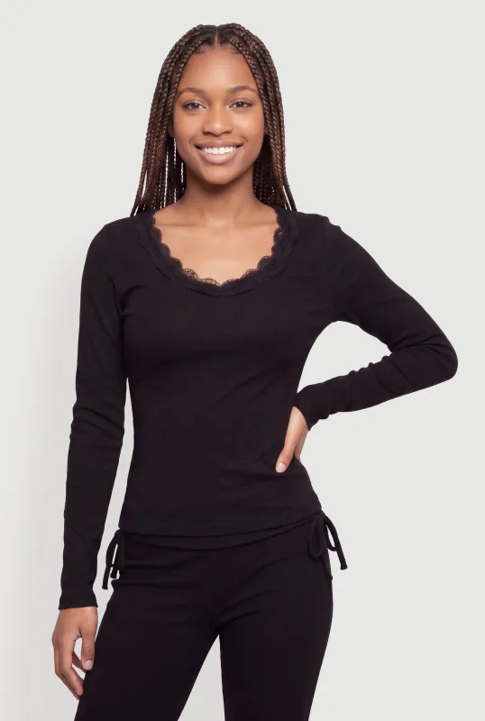 Lace Trim V-Neck Long Sleeve Top made by Rainbow