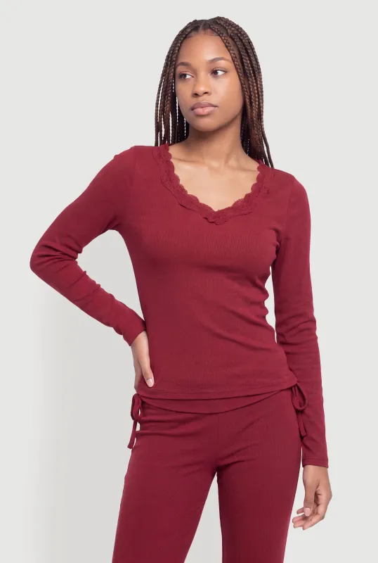 Lace Trim V-Neck Long Sleeve Top made by Rainbow