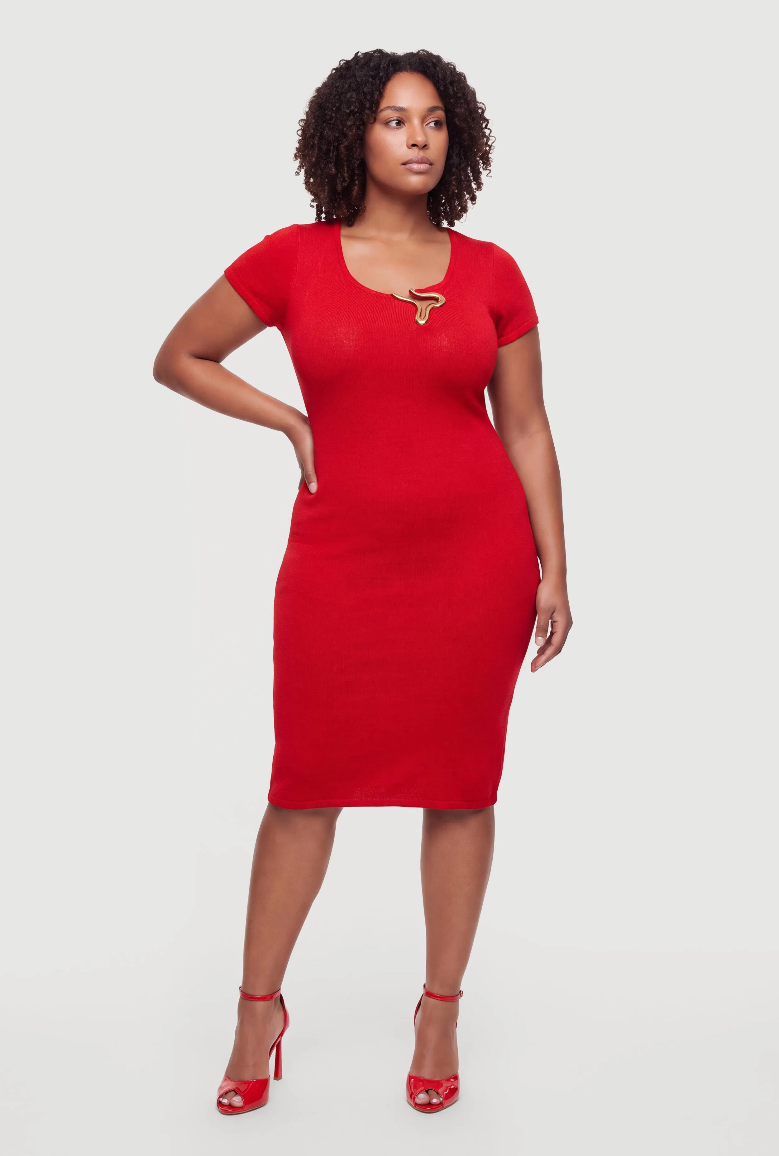Plus Size Metallic Neckline Detail Midi Sweater Dress sold by Rainbow
