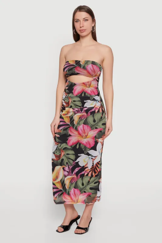 Patterned Keyhole Front Ruched Maxi Tube Dress made by Madden Girl