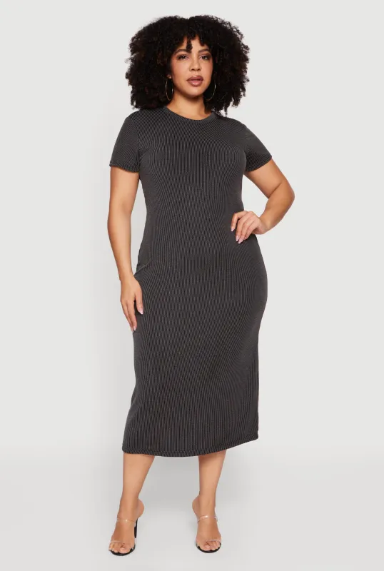 Plus Size Ribbed Knit Crew Neck Midi Dress made by Rainbow