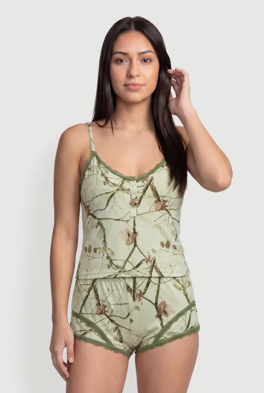 Contrast Trim Lace Detail Hunter Camo Pajama Cami and Boyshorts made by Rainbow