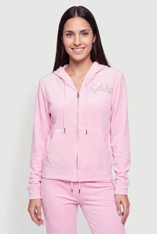 Rhinestone Spoiled Graphic Velour Zip Front Hoodie made by Rainbow