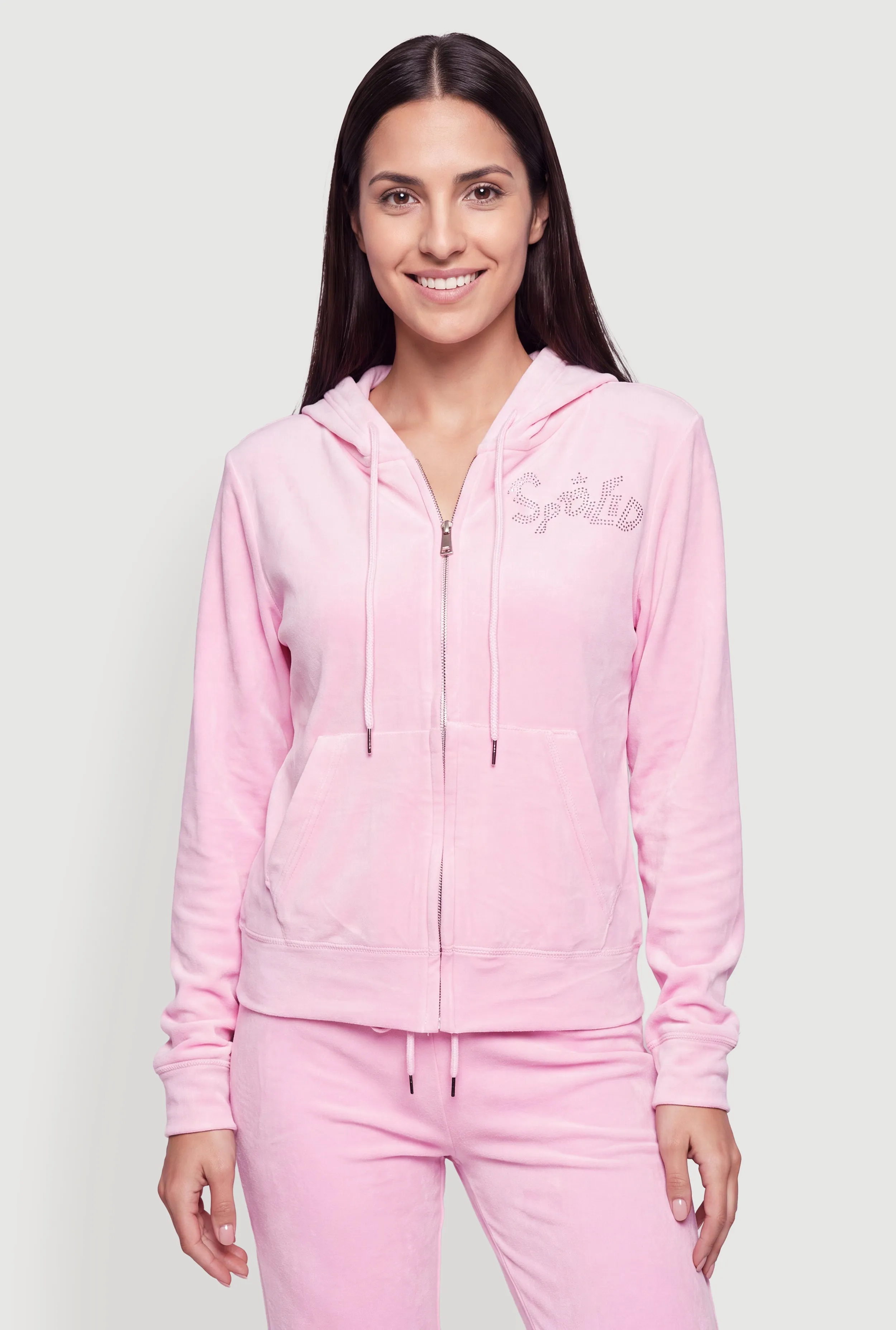 Rhinestone Spoiled Graphic Velour Zip Front Hoodie sold by Rainbow
