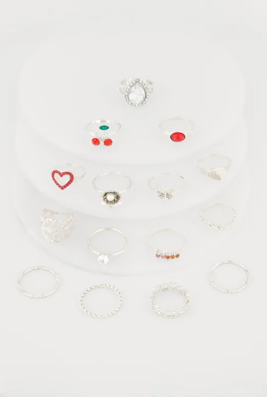 Trendy Cubic Zirconia Assorted Metallic Rings Set of 15 made by Rainbow