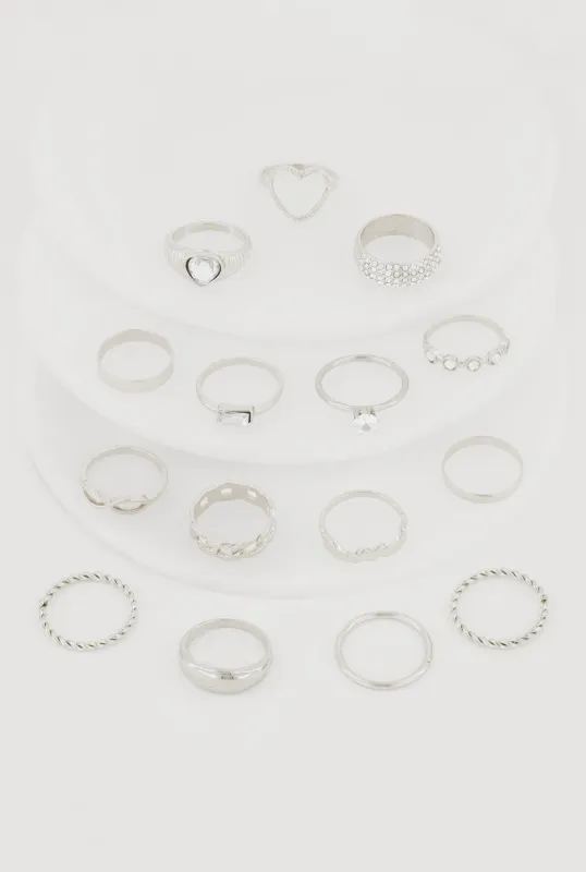 Trendy Assorted Cubic Zirconia Metallic Rings Set of 15 made by Rainbow