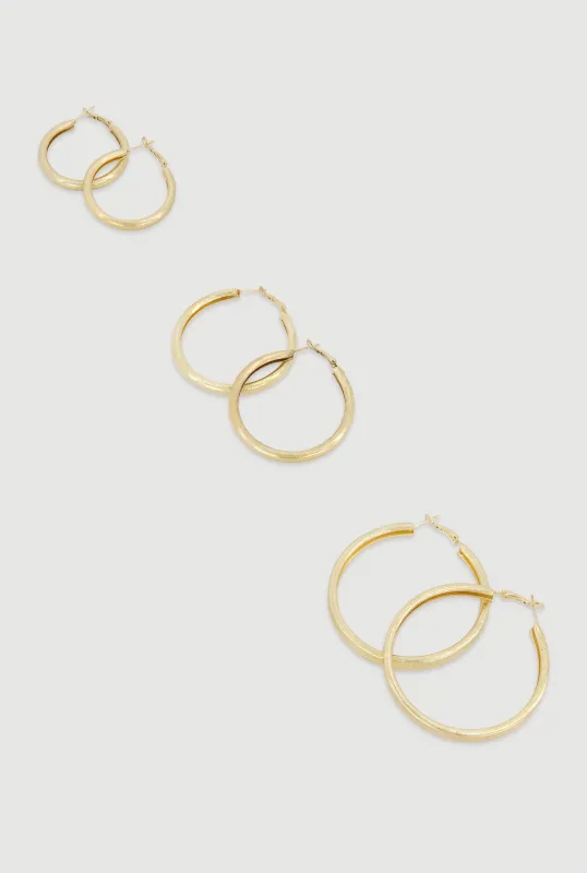 Assorted Textured Metallic Hoop Earrings Trio made by Rainbow