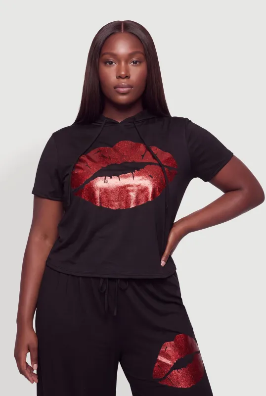 Plus Size Lip Graphic Hooded Top made by Rainbow