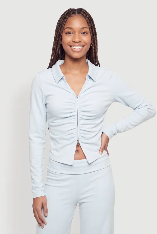 Brushed Rib Knit Ruched Double Zip Front Crop Top made by iris