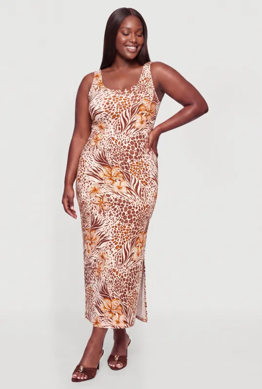 Plus Size Tropical Flower Animal Print Sleeveless Maxi Dress made by Rainbow