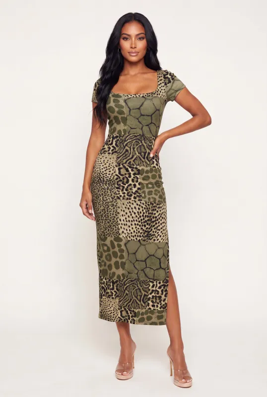 Animal Print Square Neck Side Slit Maxi Dress made by Rainbow