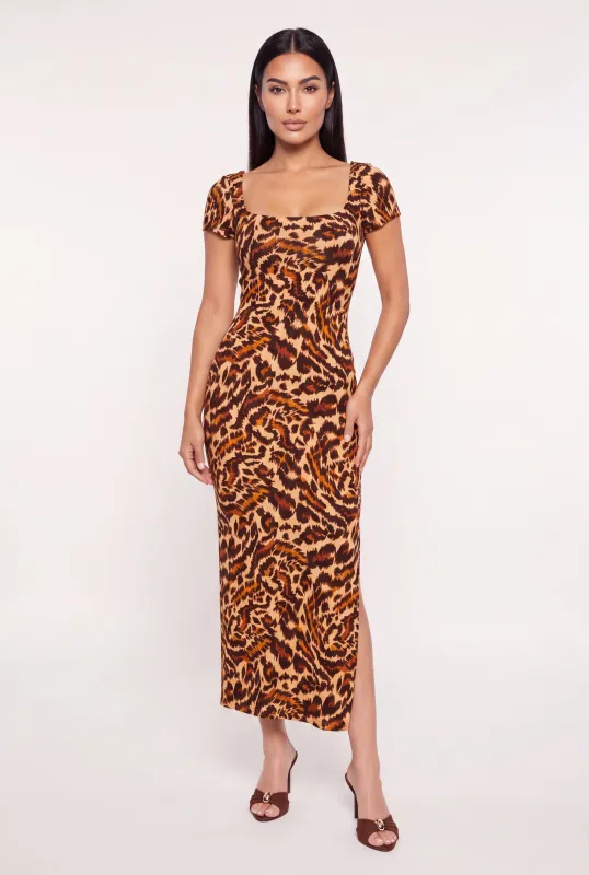 Leopard Print Square Neck Side Slit Maxi Dress made by Rainbow