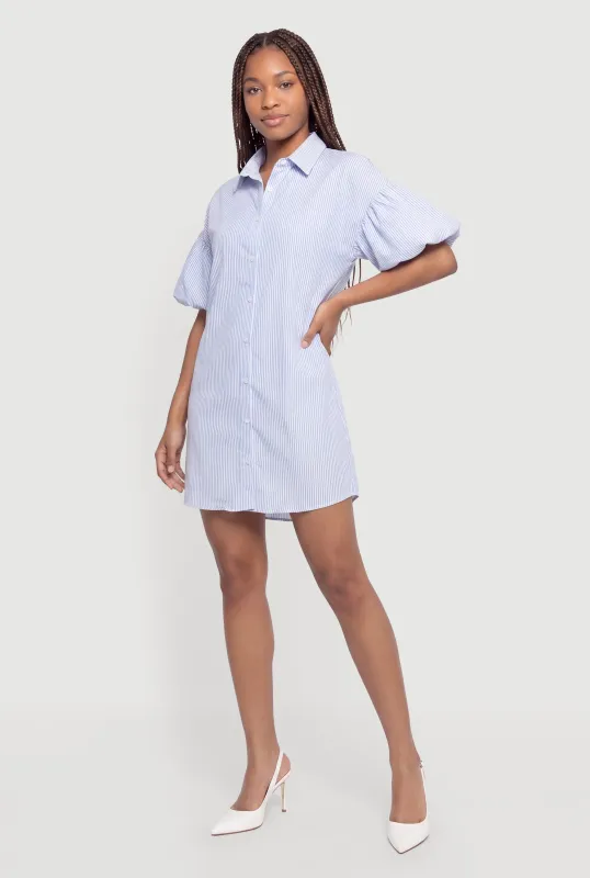 Striped Puff Sleeve Button Front Shirt Dress made by Rainbow