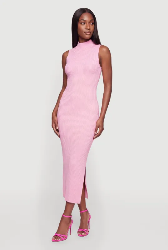 Sleeveless Ribbed Knit Mock Neck Maxi Dress with Side Slit made by Rainbow