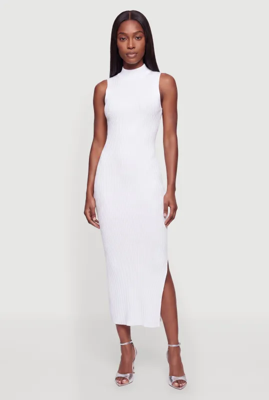 Sleeveless Ribbed Knit Mock Neck Maxi Dress with Side Slit made by Rainbow