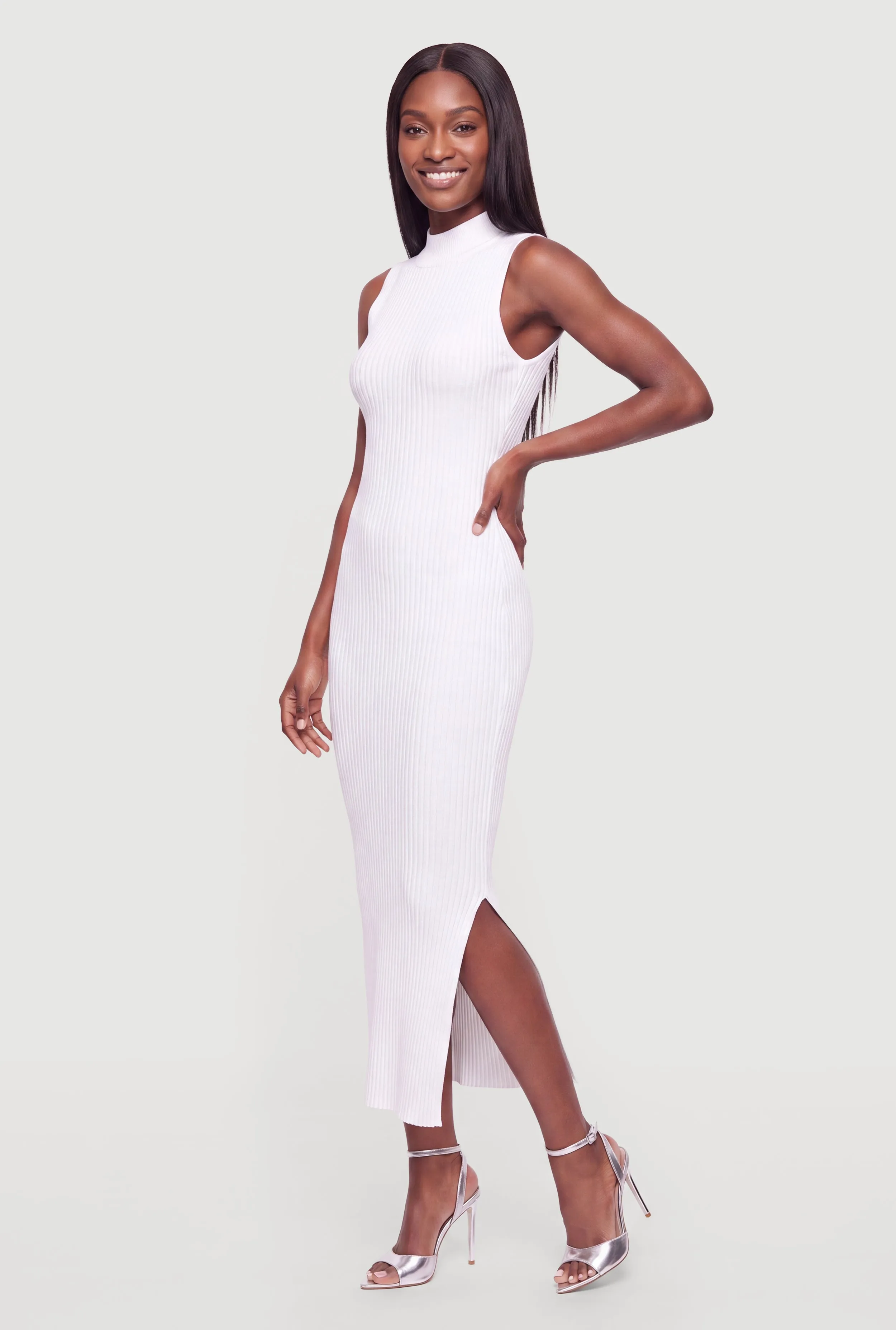 Sleeveless Ribbed Knit Mock Neck Maxi Dress with Side Slit sold by Rainbow product image thumbnail 2