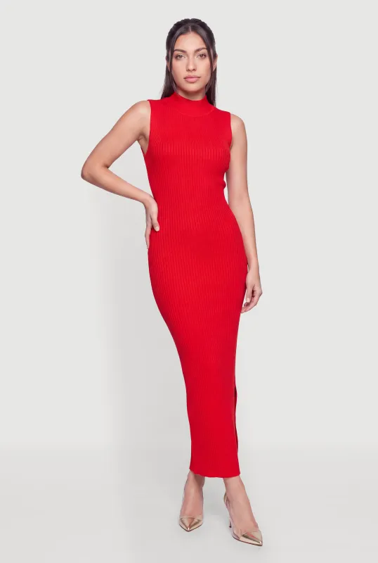 Sleeveless Ribbed Knit Mock Neck Maxi Dress with Side Slit made by Rainbow