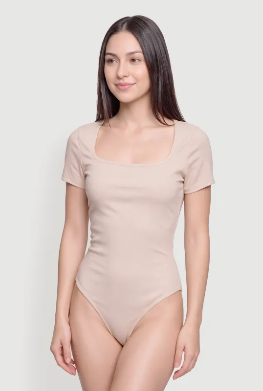 Brushed Knit Short Sleeve Square Neck Thong Bodysuit made by iris