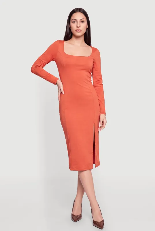 Long Sleeve Square Neck Side Slit Midi Dress made by iris