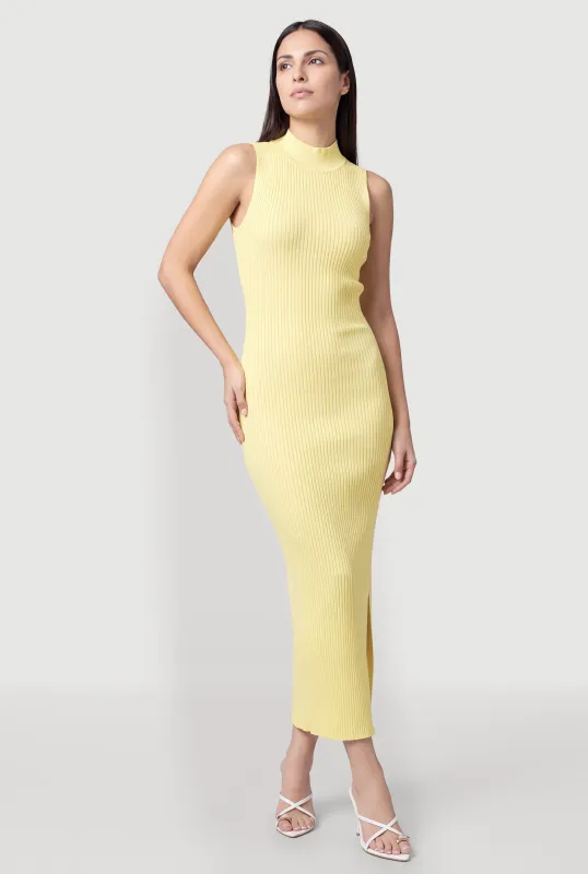 Sleeveless Ribbed Knit Mock Neck Maxi Dress with Side Slit made by Rainbow