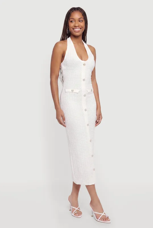 Waffle Knit Faux Button Front Halter Maxi Dress made by Rainbow