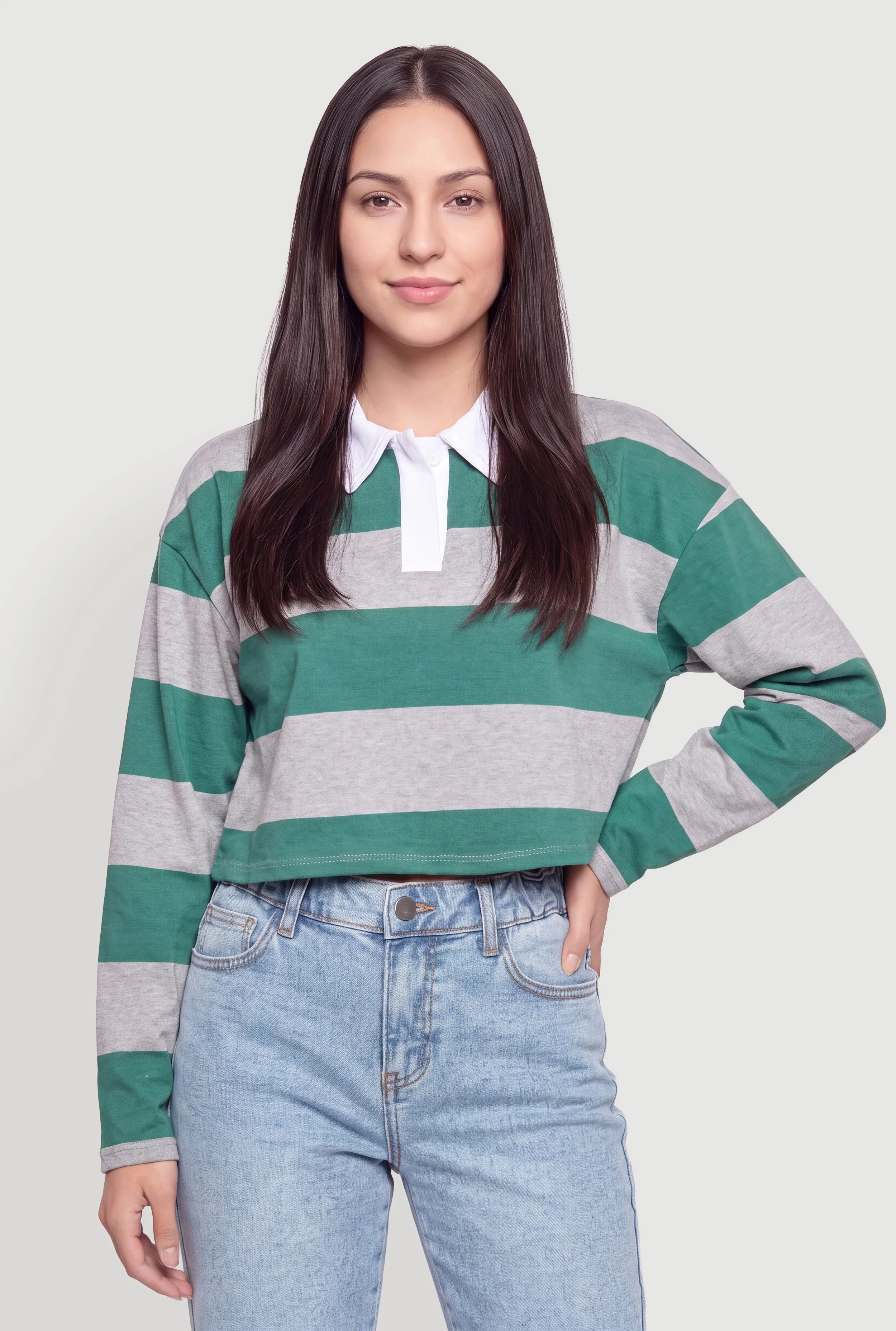 Long Sleeve Striped Rugby Polo Crop Top sold by Rainbow product image thumbnail 2