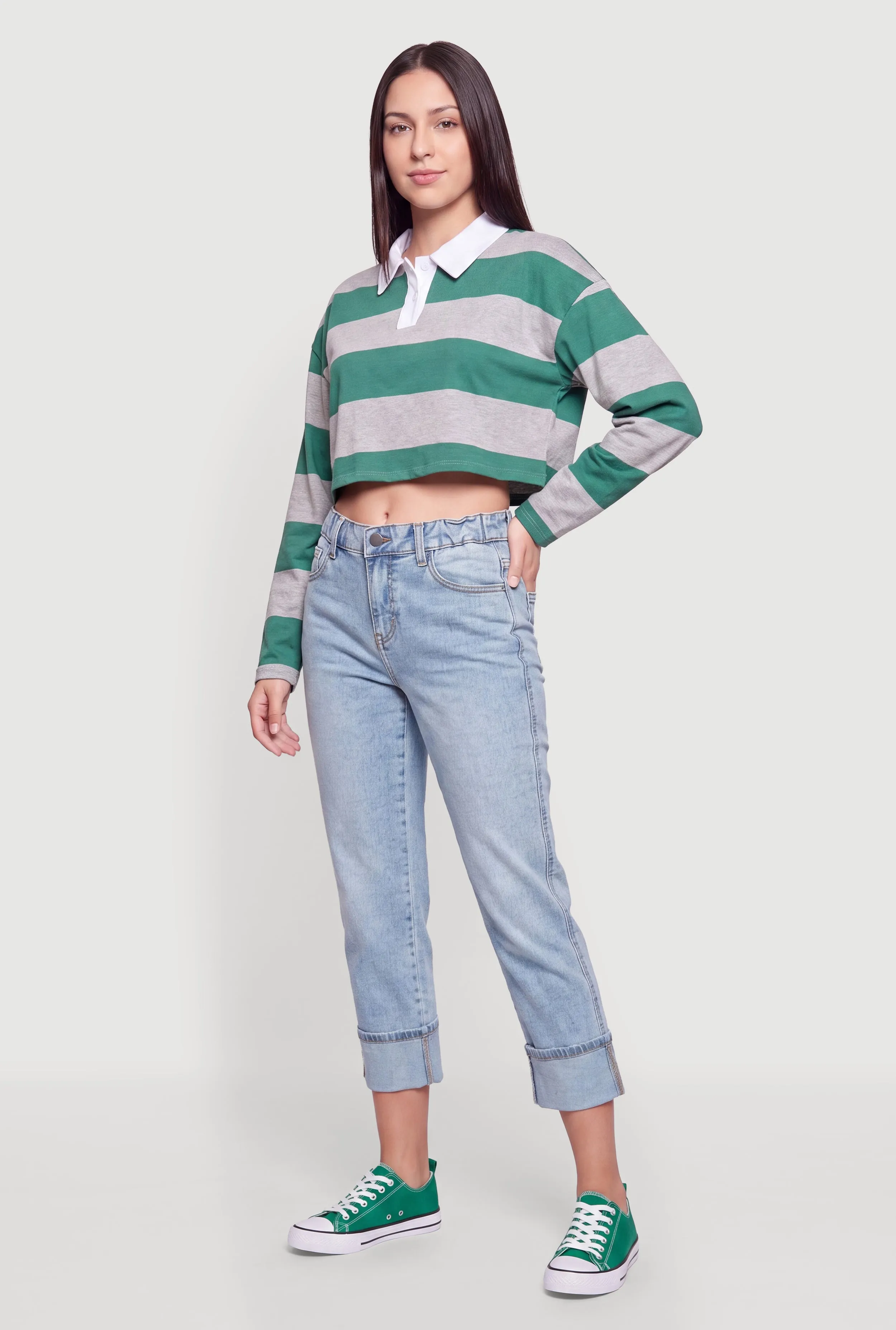 Long Sleeve Striped Rugby Polo Crop Top sold by Rainbow product image thumbnail 3