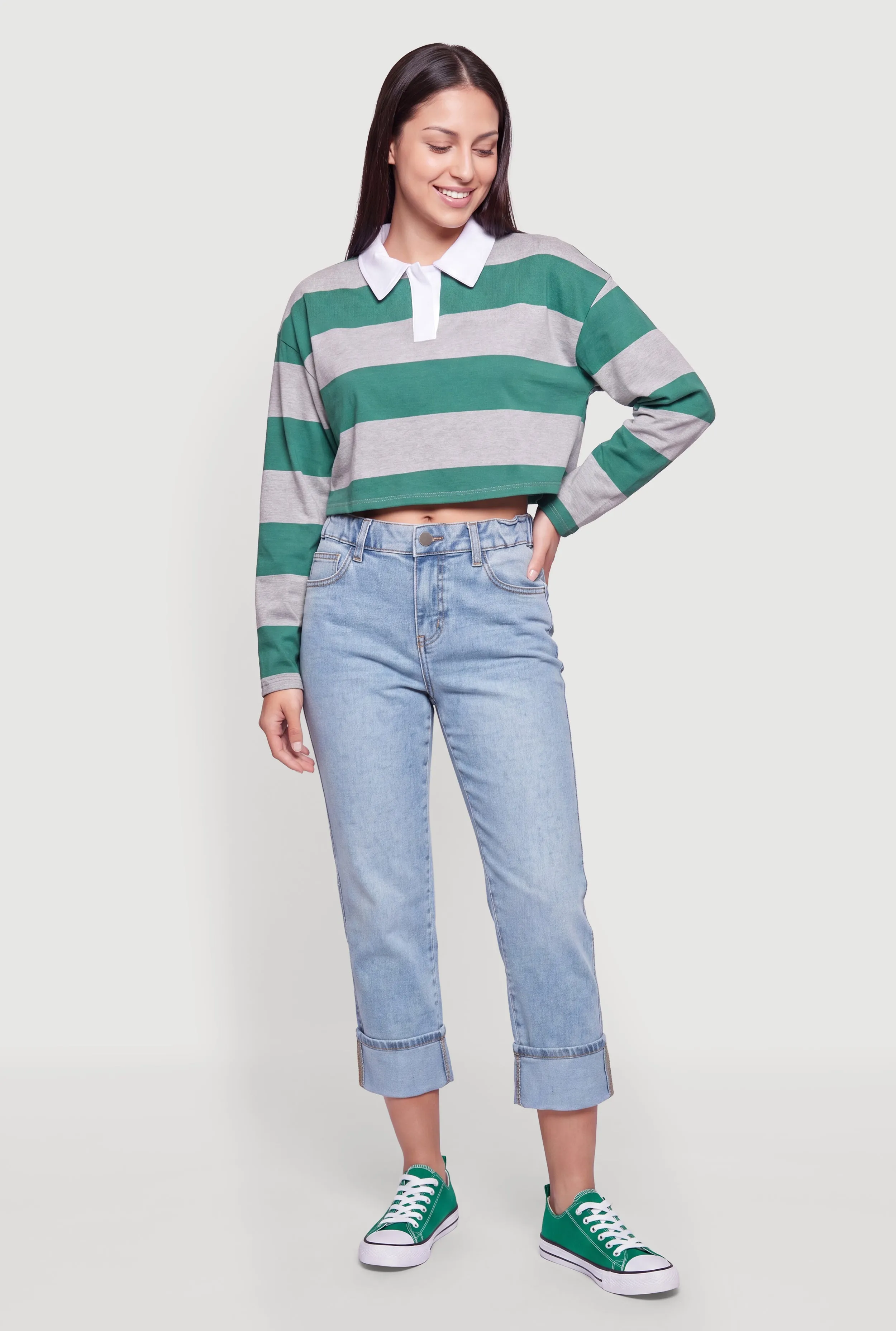 Long Sleeve Striped Rugby Polo Crop Top sold by Rainbow