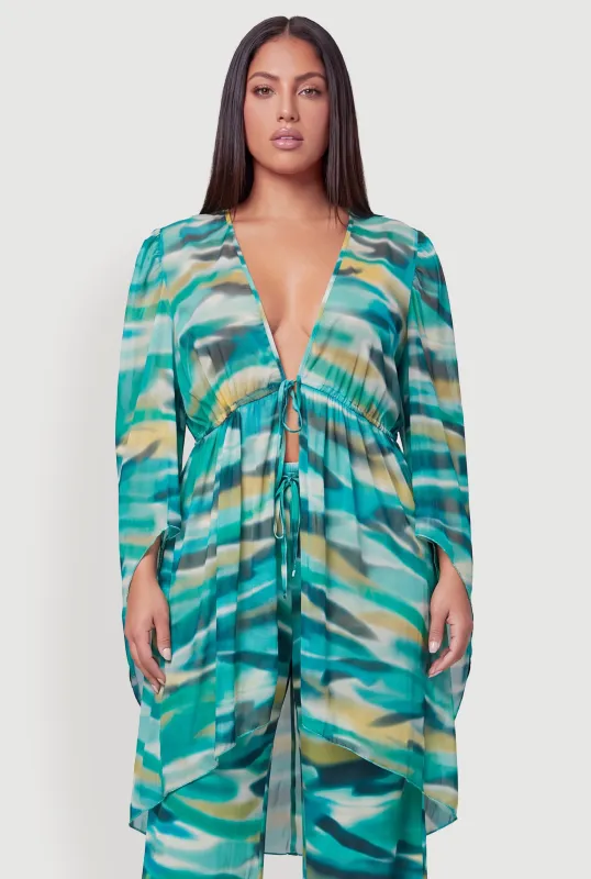 Plus Size Patterned Long Sleeve Tie Front Kimono made by Rainbow