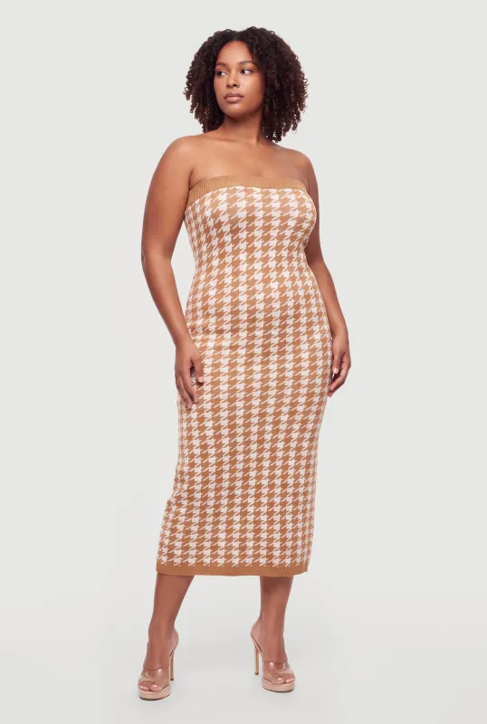 Plus Size Houndstooth Plaid Midi Tube Sweater Dress made by Rainbow