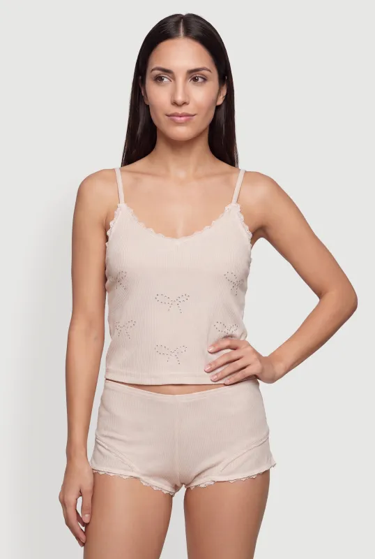 Rhinestone Bow Graphic Lace Detail Pajama Cami and Boyshorts made by Rainbow