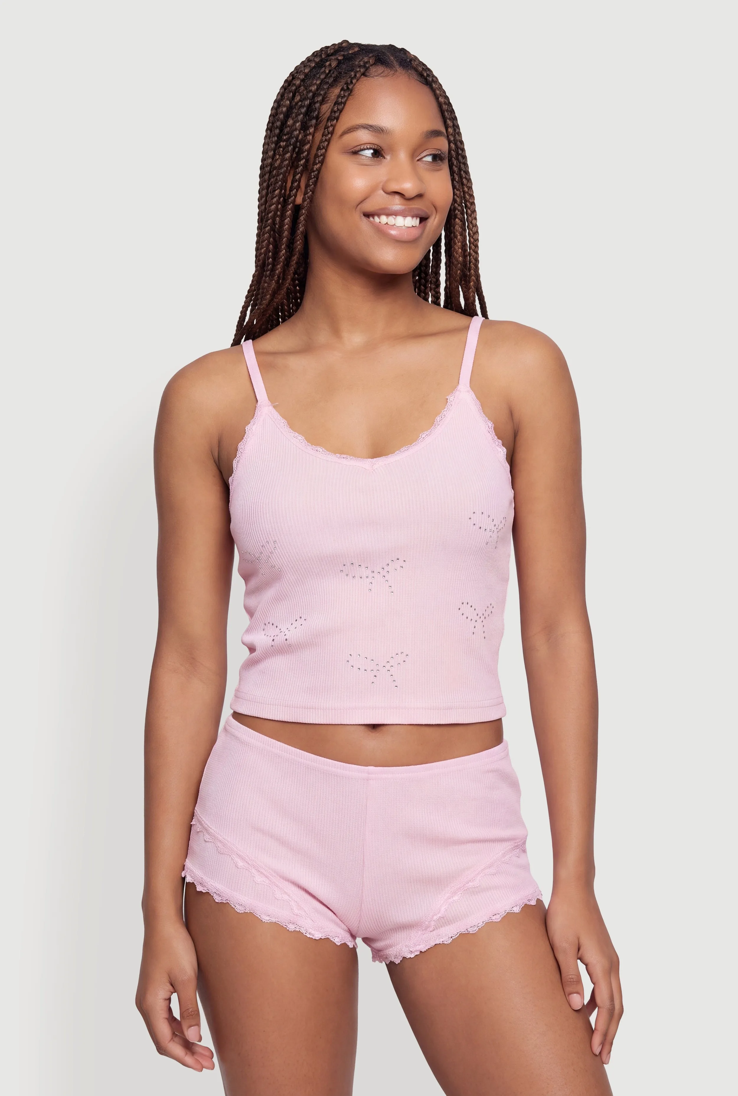Rhinestone Bow Graphic Lace Detail Pajama Cami and Boyshorts sold by Rainbow product image thumbnail 2