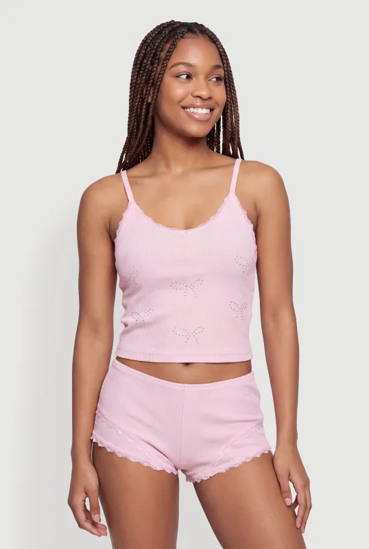 Rhinestone Bow Graphic Lace Detail Pajama Cami and Boyshorts made by Rainbow