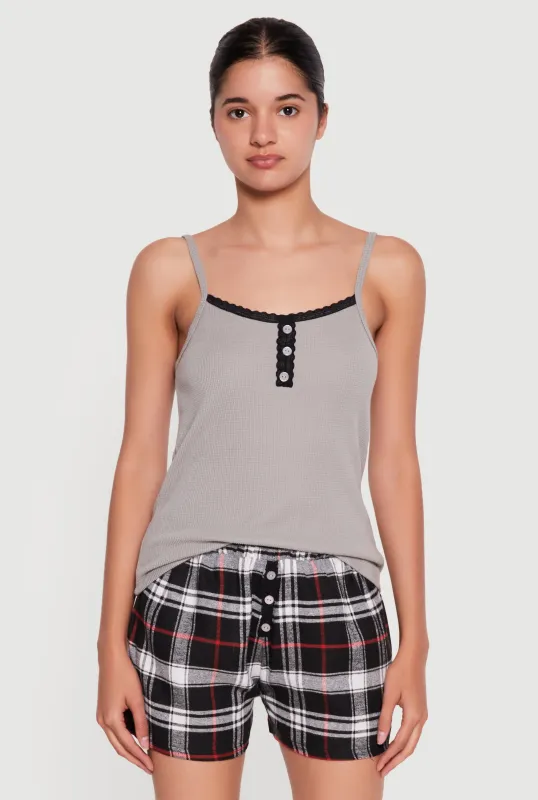 Lace Trim Pajama Henley Cami and Plaid Shorts made by Rainbow
