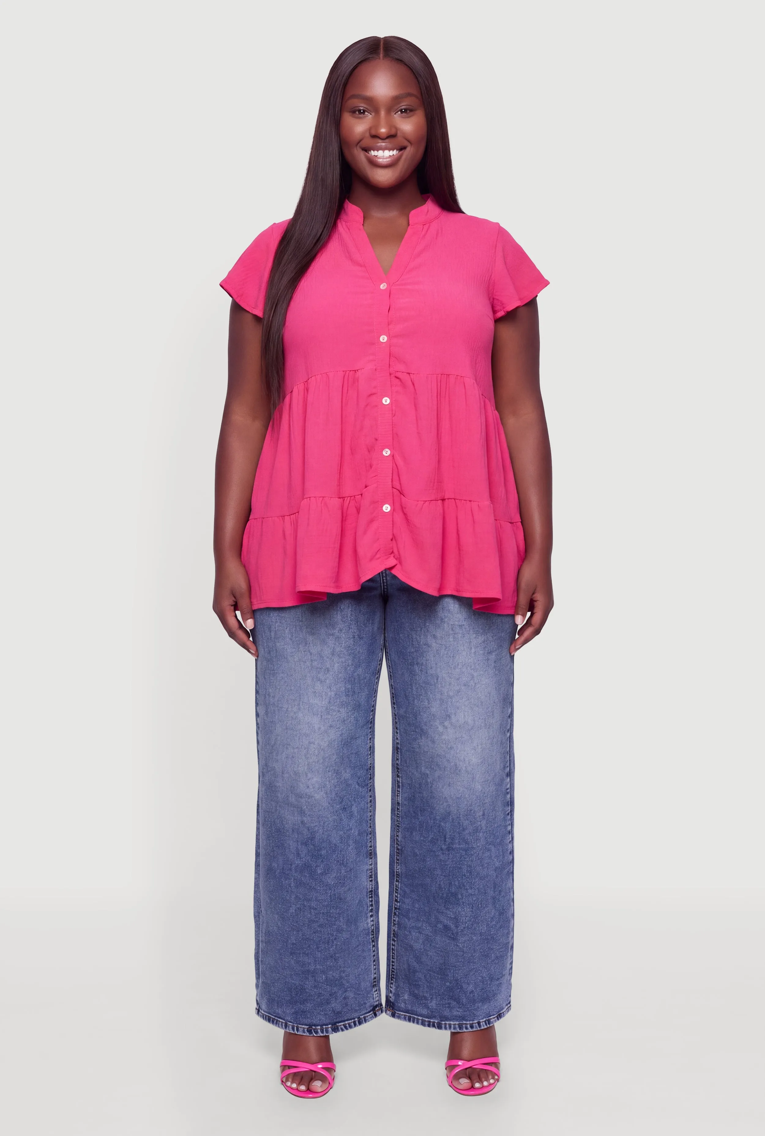 Plus Size Flutter Sleeve Tiered Button Front Top sold by Rainbow product image thumbnail 4