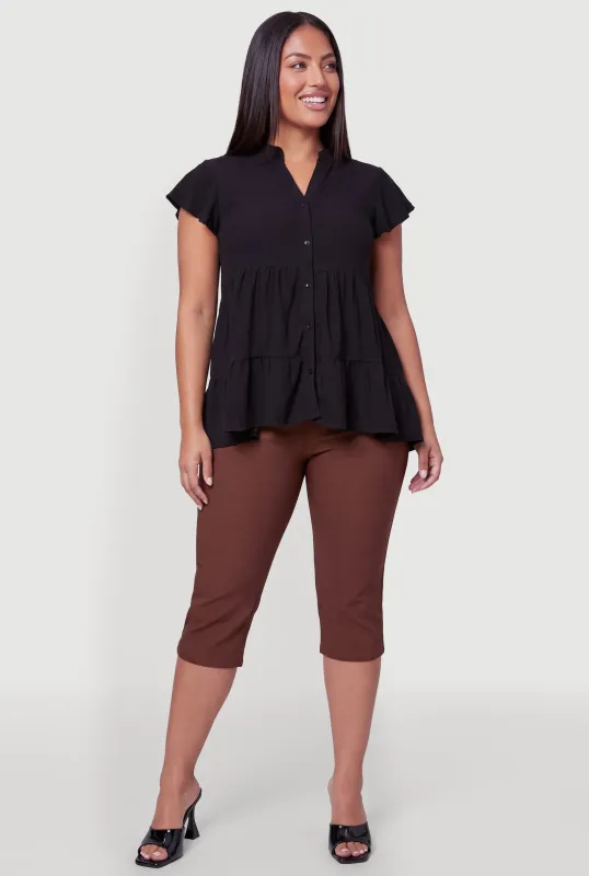 Plus Size Flutter Sleeve Tiered Button Front Top made by Rainbow