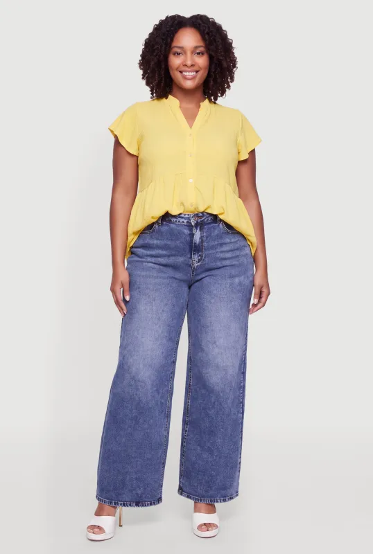 Plus Size Flutter Sleeve Tiered Button Front Top made by Rainbow