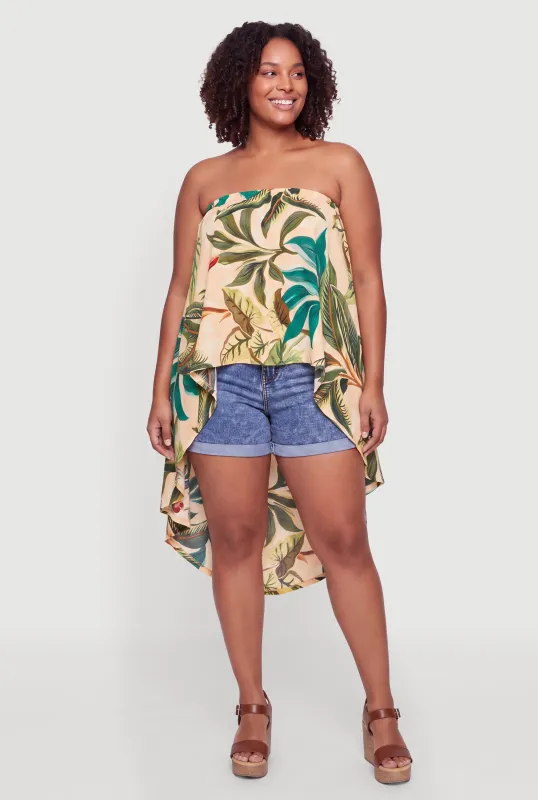 Plus Size Tropical Leaf Print Strapless High Low Tube Top made by Rainbow