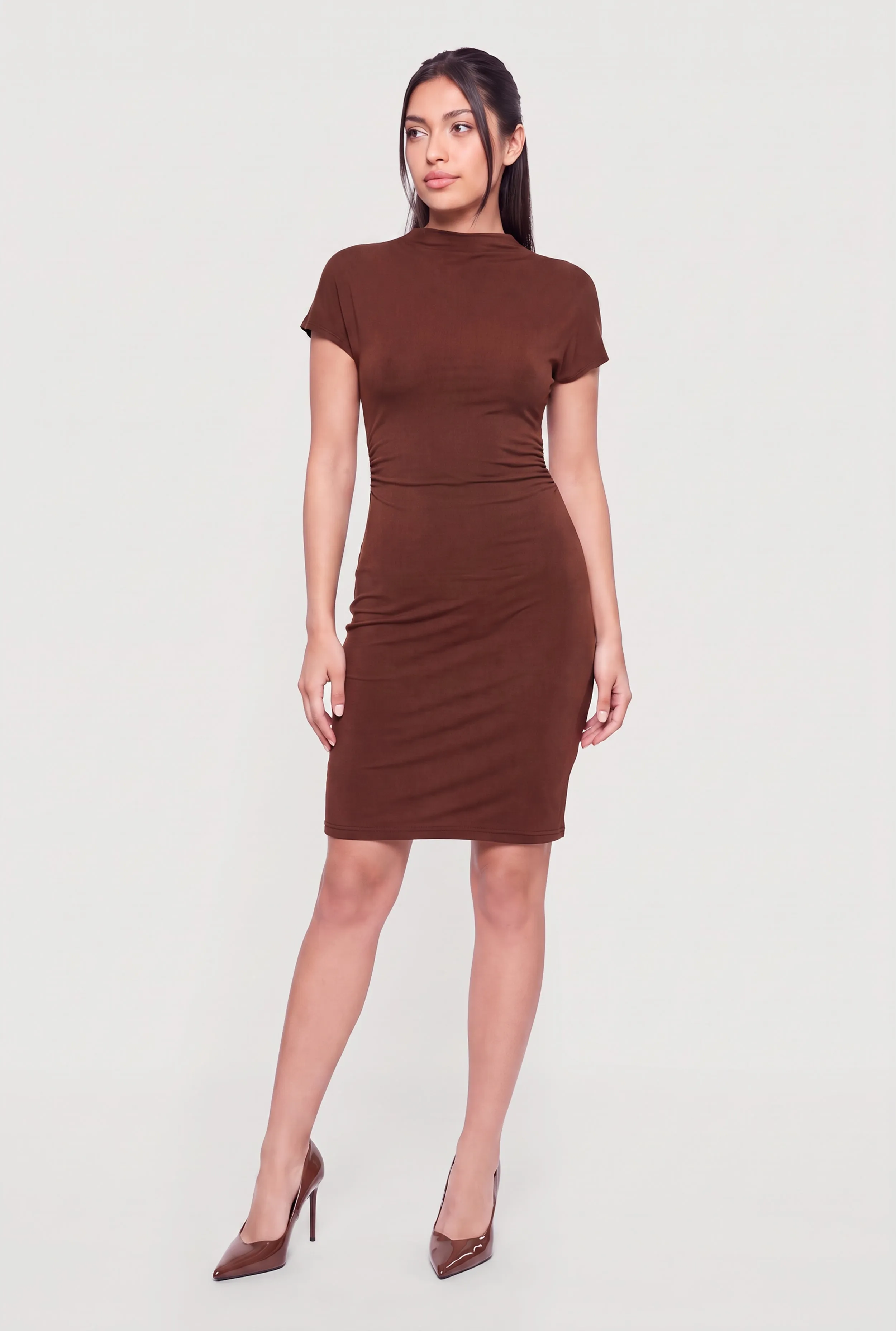Funnel Neck Side Ruched Mini Dress sold by Rainbow