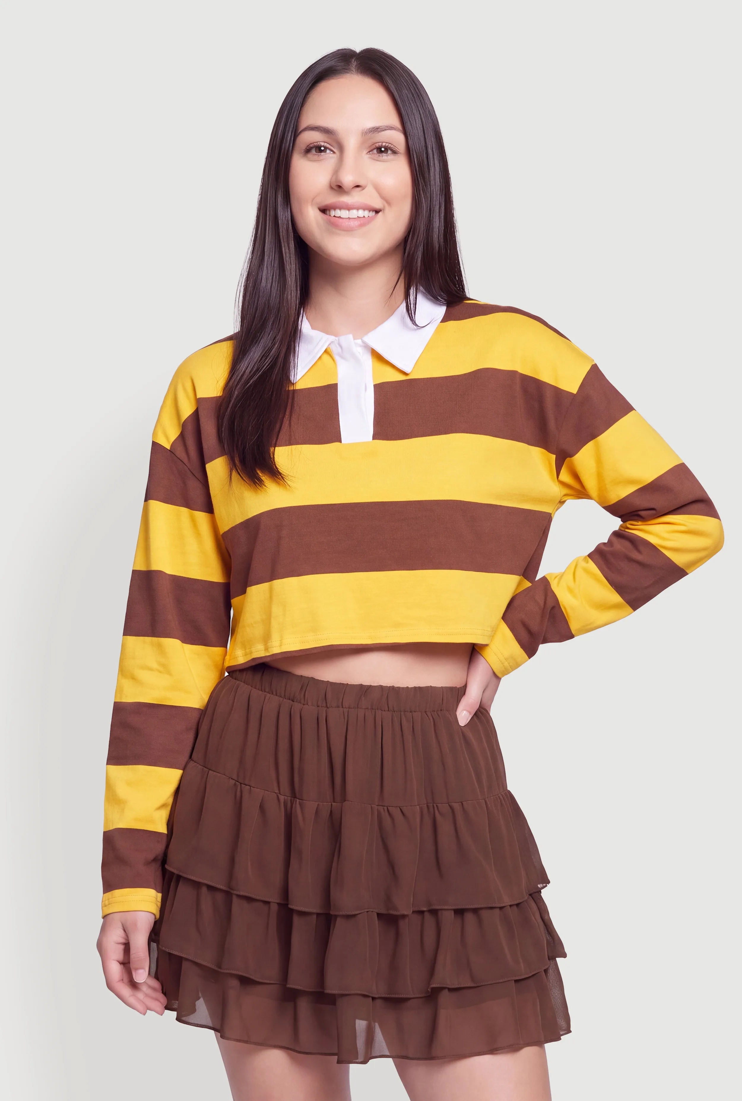 Long Sleeve Striped Rugby Polo Crop Top sold by Rainbow product image thumbnail 2