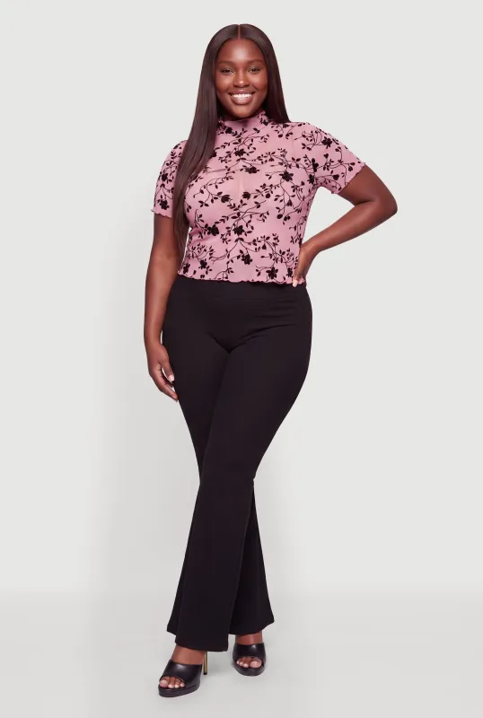 Plus Size Floral Velvet Burnout Lettuce Edge Mesh Tee made by Rainbow