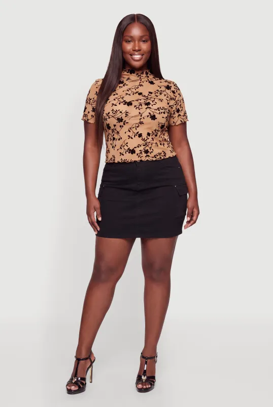 Plus Size Floral Velvet Burnout Lettuce Edge Mesh Tee made by Rainbow
